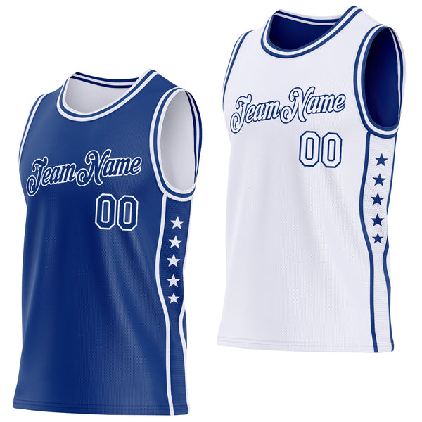 Custom Reversible Royal White Double Side Star Sublimation Basketball Set Jersey
