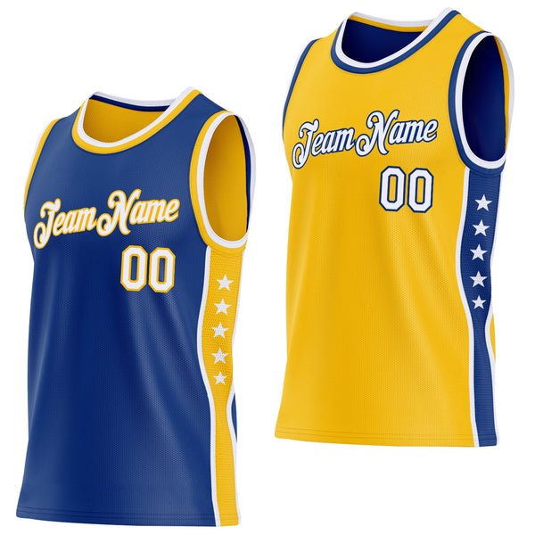 Custom Reversible Royal White-Gold Double Side Star Sublimation Basketball Set Jersey