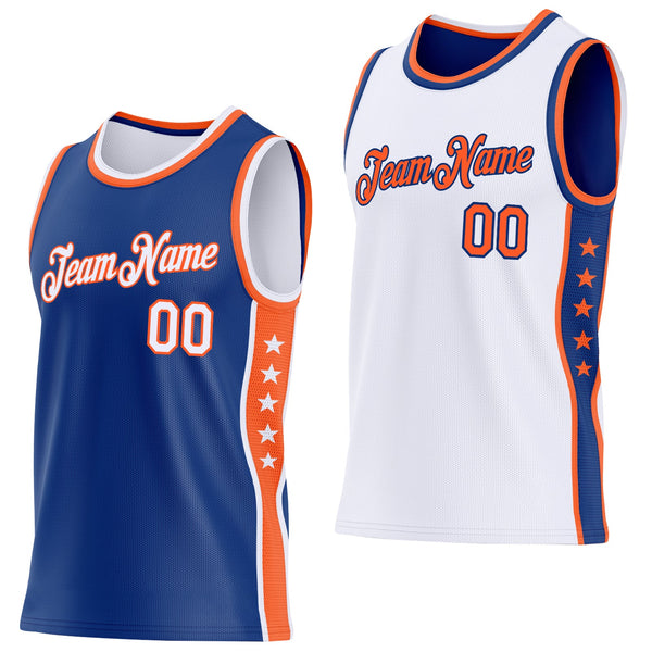 Custom Reversible Royal White-Orange Double Side Star Sublimation Basketball Set Jersey