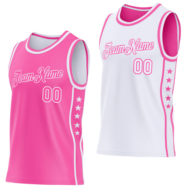 Custom Reversible Pink White Double Side Star Sublimation Basketball Set Jersey