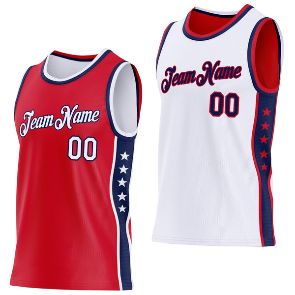 Custom Reversible Red White-Navy Double Side Star Sublimation Basketball Suit Jersey