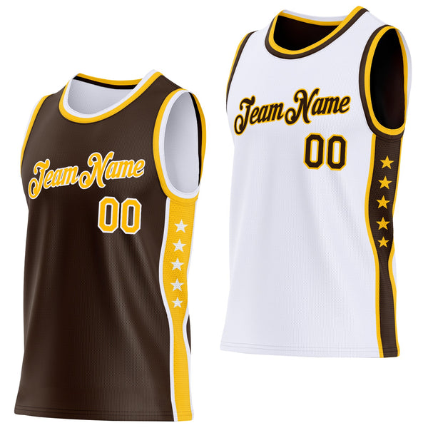 Custom Reversible Brown Gold-White Double Side Star Sublimation Basketball Set Jersey