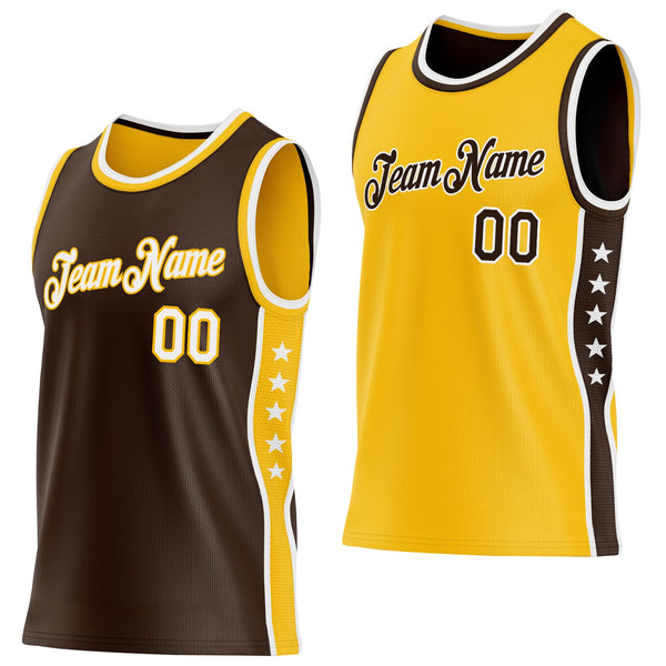 Custom Reversible Brown White-Gold Double Side Star Sublimation Basketball Set Jersey