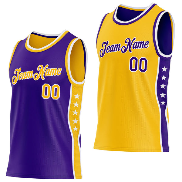 Custom Reversible Purple Gold-White Double Side Star Sublimation Basketball Set Jersey