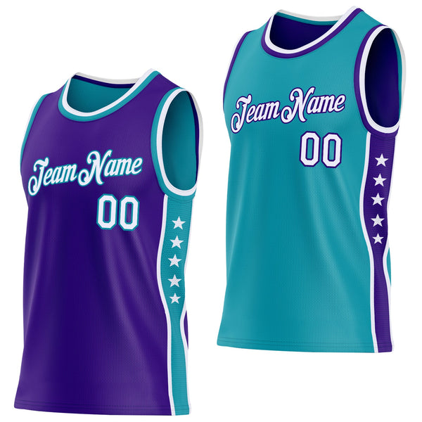 Custom Reversible Purple White-Teal Double Side Star Sublimation Basketball Set Jersey