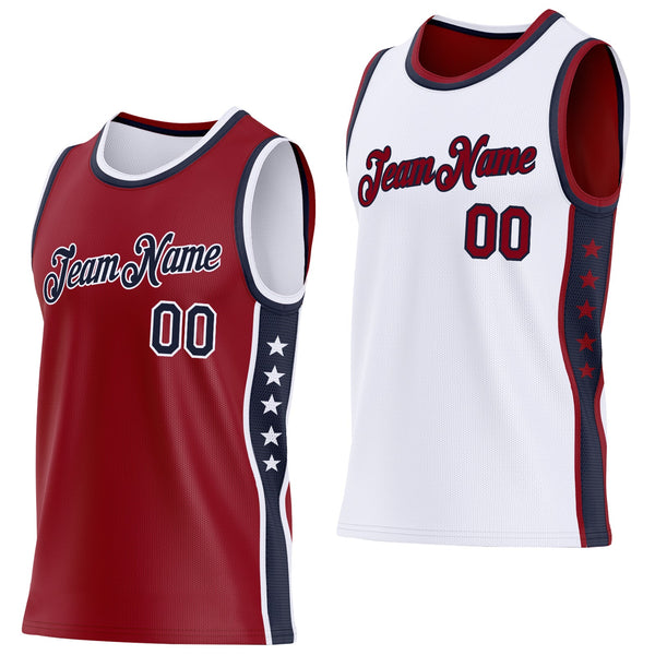 Custom Reversible Crimson Navy-White Double Side Star Sublimation Basketball Set Jersey