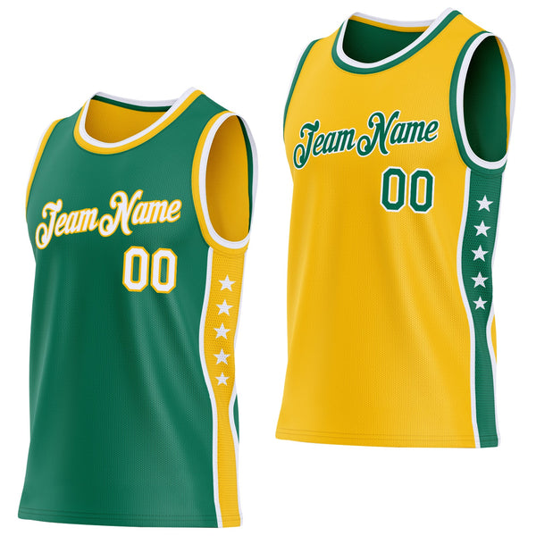 Custom Reversible Kelly Green White-Gold Double Side Star Sublimation Basketball Set Jersey