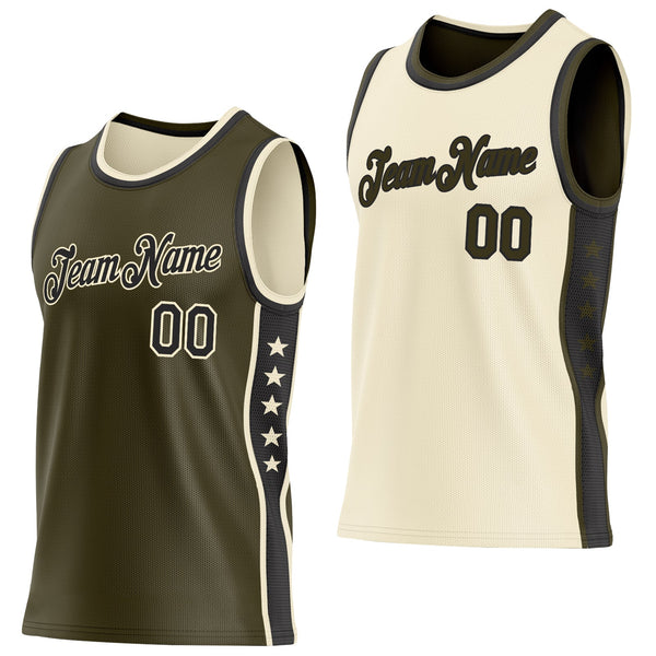 Custom Reversible Olive Black-Cream Double Side Star Sublimation Basketball Set Jersey