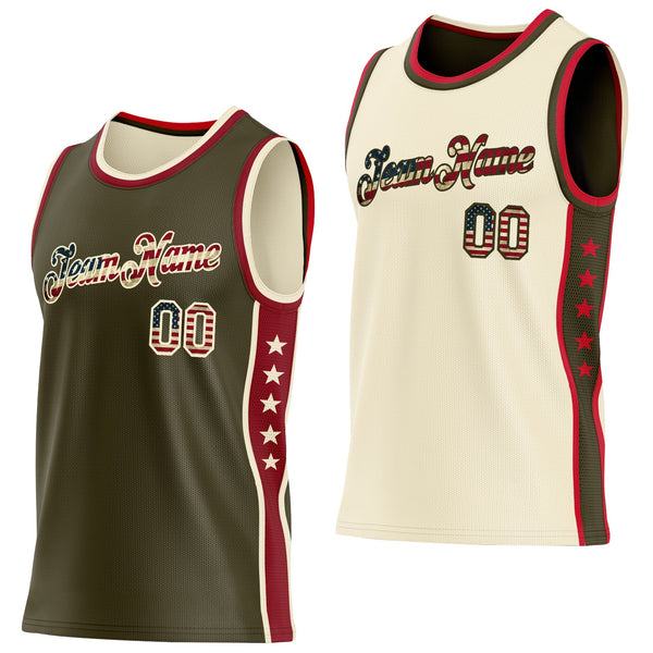 Custom Reversible Olive Vintage USA Flag-Cream Double Side Star Sublimation Basketball Set Jersey