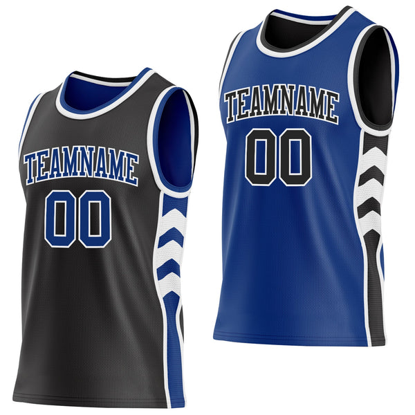 Custom Black Royal-White Side Panel Geometric Chevron Reversible Double Side Sublimation Basketball Set Jersey
