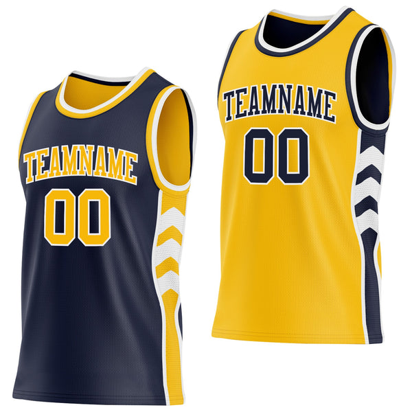 Custom Navy Gold-White Side Panel Geometric Chevron Reversible Double Side Sublimation Basketball Set Jersey