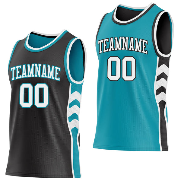 Custom Black White-Teal Side Panel Geometric Chevron Reversible Double Side Sublimation Basketball Set Jersey