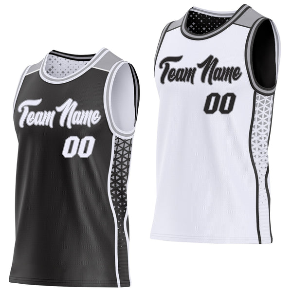 Custom Black White-Gray Side Panel Stripe Geometric Triangle Gradient Dot Reversible Double Side Sublimation Basketball Set Jersey