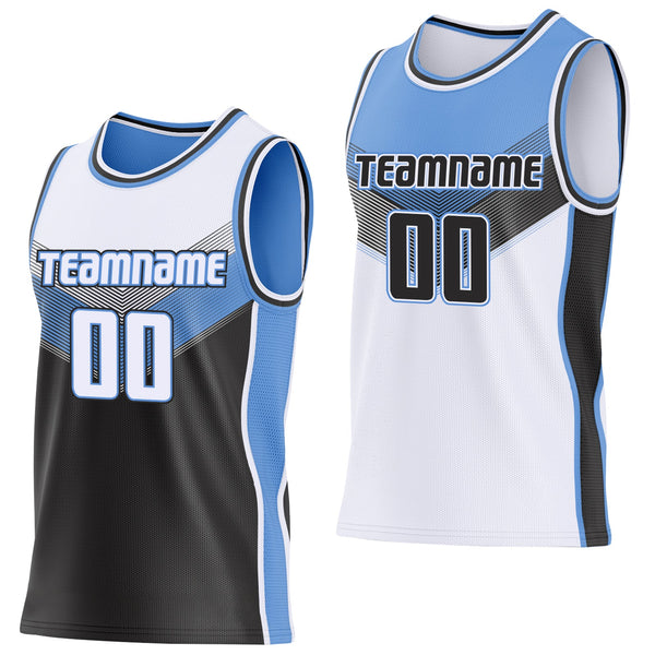 Custom White Black-Light Blue Side Panel Stripe Geometric V-Cut Color Block Reversible Double Side Sublimation Basketball Set Jersey