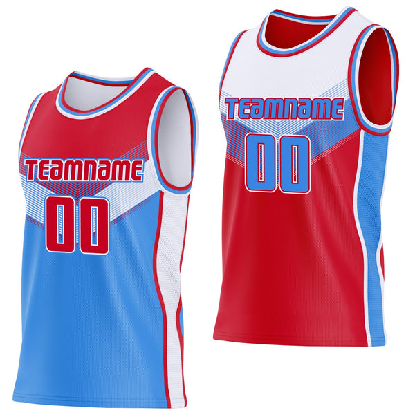 Custom Red Powder Blue-White Side Panel Stripe Geometric V-Cut Color Block Reversible Double Side Sublimation Basketball Set Jersey