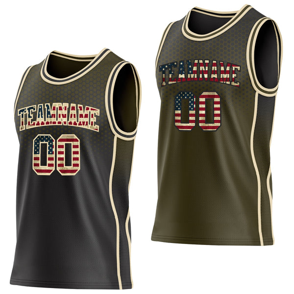Custom Black Vintage USA Flag Olive-Cream Side Panel Stripe Gradient Geometric Honeycomb Reversible Double Side Sublimation Basketball Set Jersey
