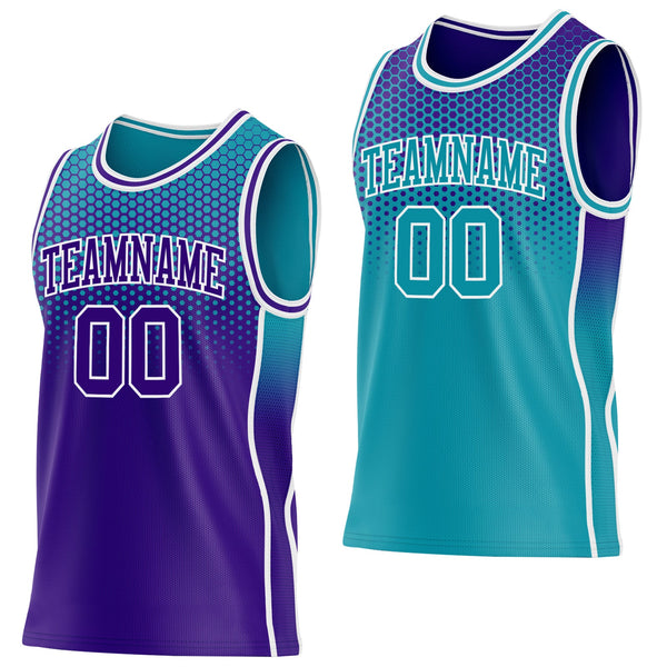 Custom Purple Teal-White Side Panel Stripe Gradient Geometric Honeycomb Reversible Double Side Sublimation Basketball Set Jersey