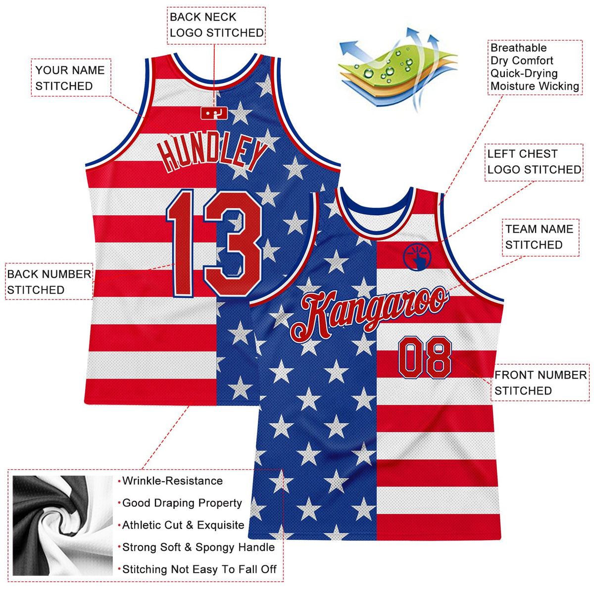 Custom Royal Red-White 3D Pattern Design American Flag Authentic Basketball Jersey - Back