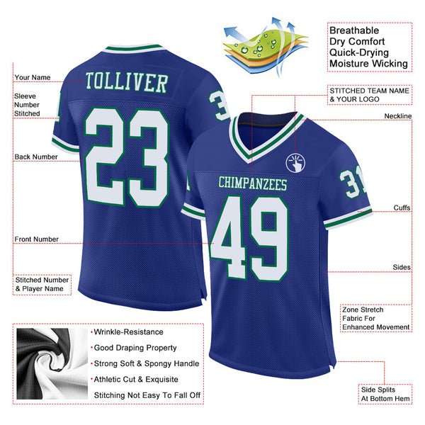 Custom Royal White-Kelly Green Mesh Authentic Throwback Football Jersey alternate