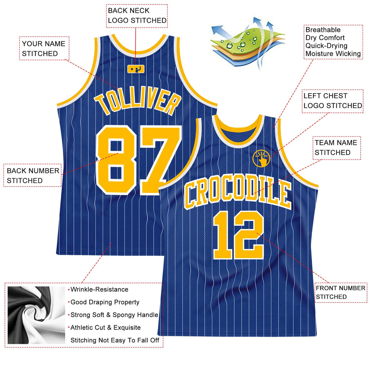 Custom Royal White Pinstripe Gold-White Authentic Basketball Jersey - Back