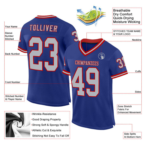 Custom Royal Gray-Red Mesh Authentic Throwback Football Jersey alternate