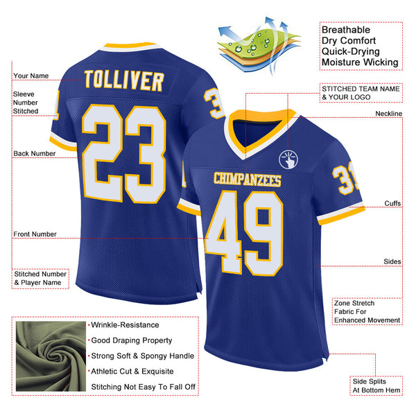 Custom Royal White-Gold Mesh Authentic Throwback Football Jersey alternate