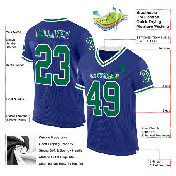Custom Royal Kelly Green-White Mesh Authentic Throwback Football Jersey alternate