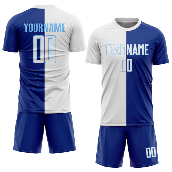Custom Royal White-Light Blue Sublimation Split Fashion Soccer Uniform Jersey alternate