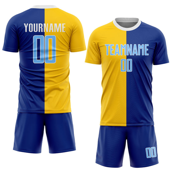 Custom Royal Light Blue-Gold Sublimation Split Fashion Soccer Uniform Jersey alternate
