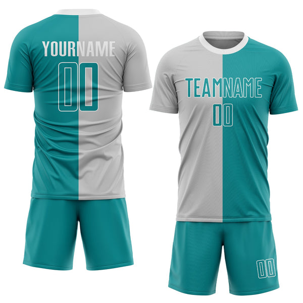 Custom Gray Teal-White Sublimation Split Fashion Soccer Uniform Jersey alternate