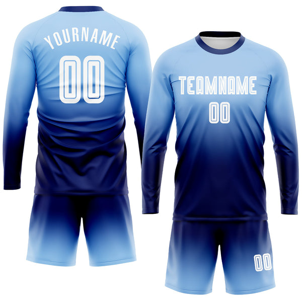 Custom Light Blue White-Navy Sublimation Long Sleeve Fade Fashion Soccer Uniform Jersey alternate