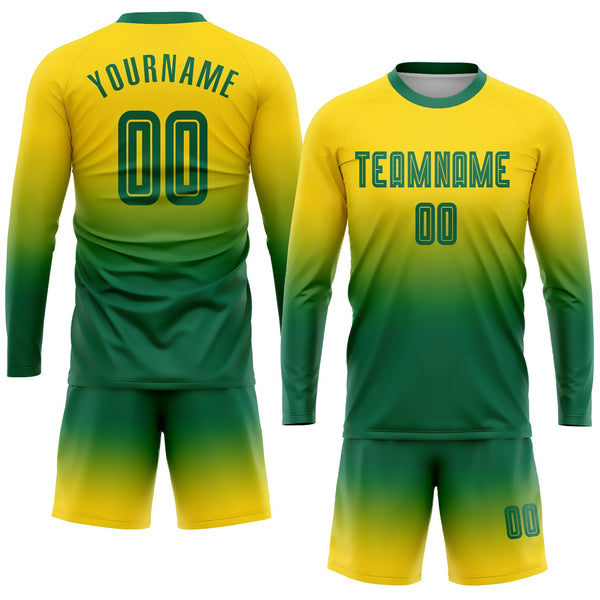 Custom Gold Kelly Green Sublimation Long Sleeve Fade Fashion Soccer Uniform Jersey alternate