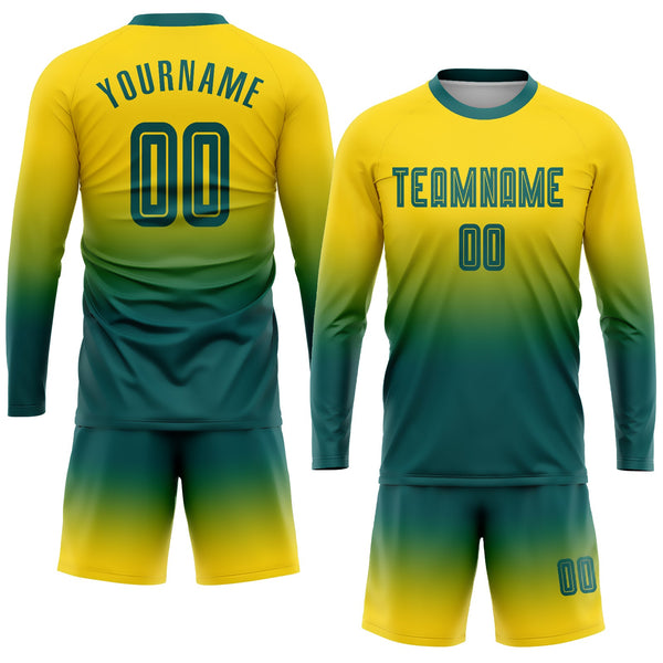 Custom Gold Teal Sublimation Long Sleeve Fade Fashion Soccer Uniform Jersey alternate