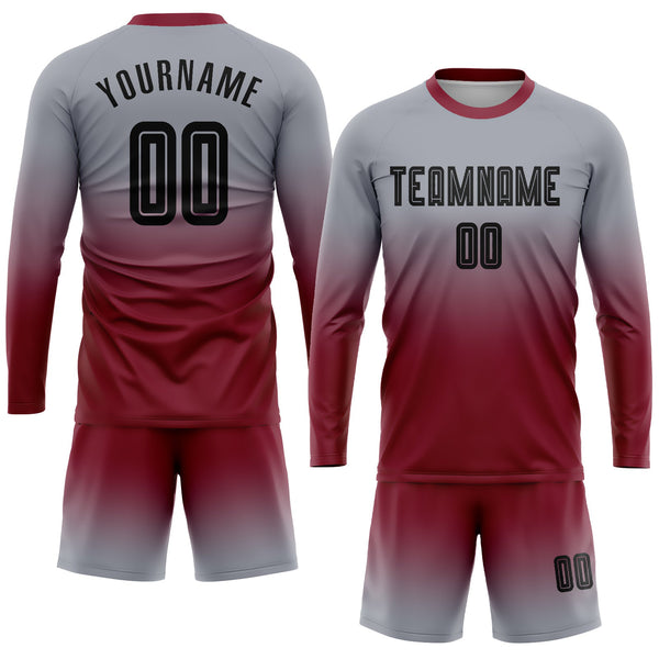 Custom Gray Black-Crimson Sublimation Long Sleeve Fade Fashion Soccer Uniform Jersey alternate