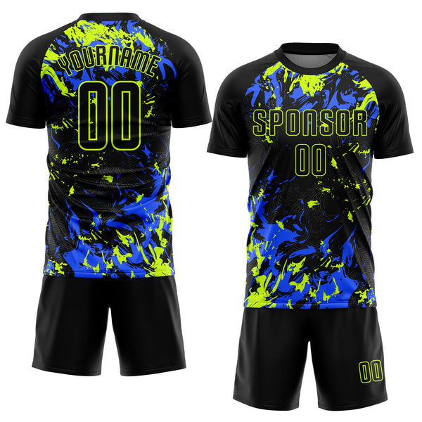 Custom Black Black Neon Green-Royal Sublimation Soccer Uniform Jersey alternate