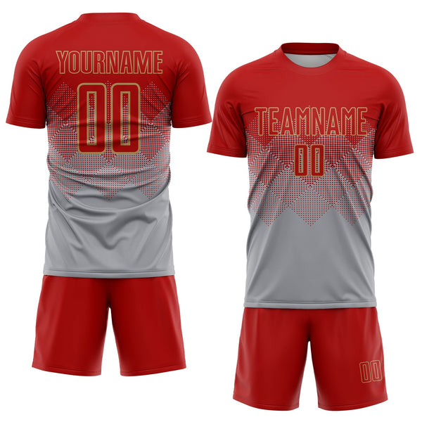 Custom Gray Red-Old Gold Sublimation Soccer Uniform Jersey alternate