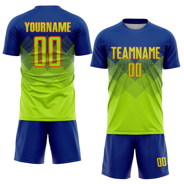 Custom Royal Neon Green-Orange Sublimation Soccer Uniform Jersey alternate