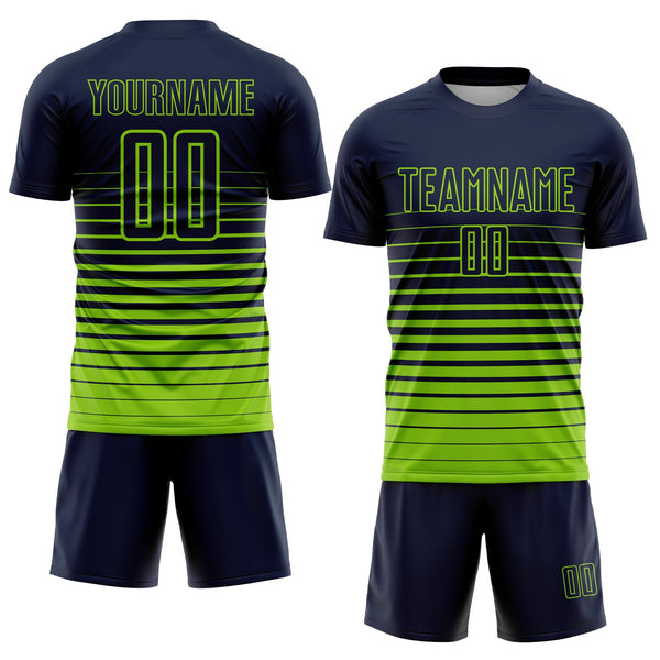 Custom Navy Neon Green Pinstripe Fade Fashion Sublimation Soccer Uniform Jersey alternate