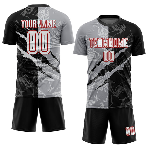 Custom Graffiti Pattern White Black Gray-Red Scratch Sublimation Soccer Uniform Jersey alternate