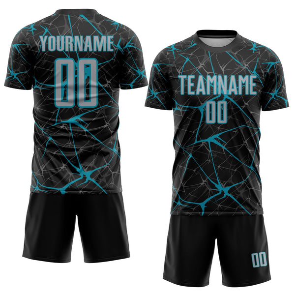 Custom Black Gray-Teal Sublimation Soccer Uniform Jersey alternate