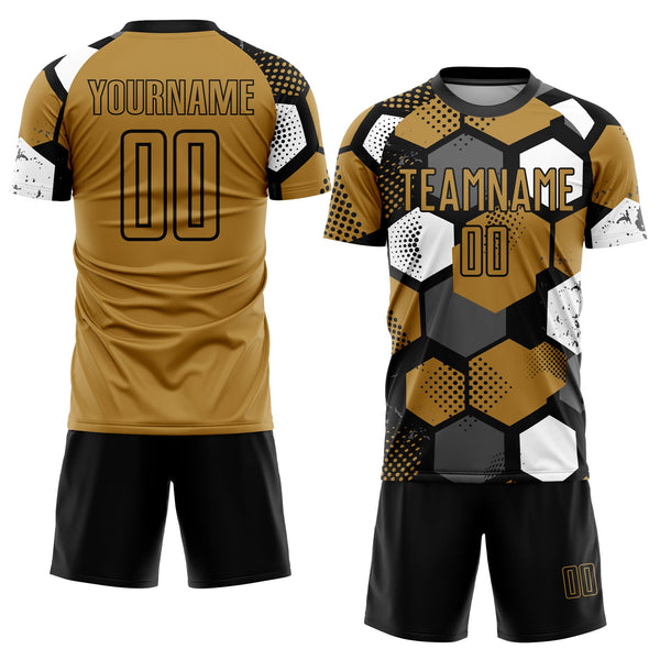 Custom Old Gold Black-White Sublimation Soccer Uniform Jersey alternate
