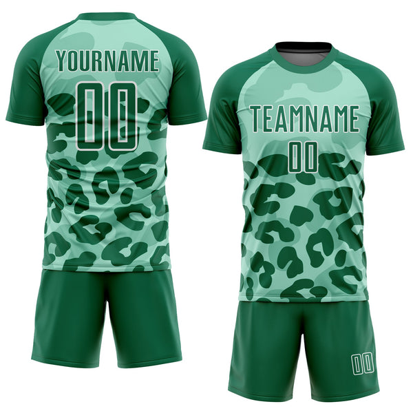 Custom Pea Green Kelly Green-White Animal Print Sublimation Soccer Uniform Jersey alternate