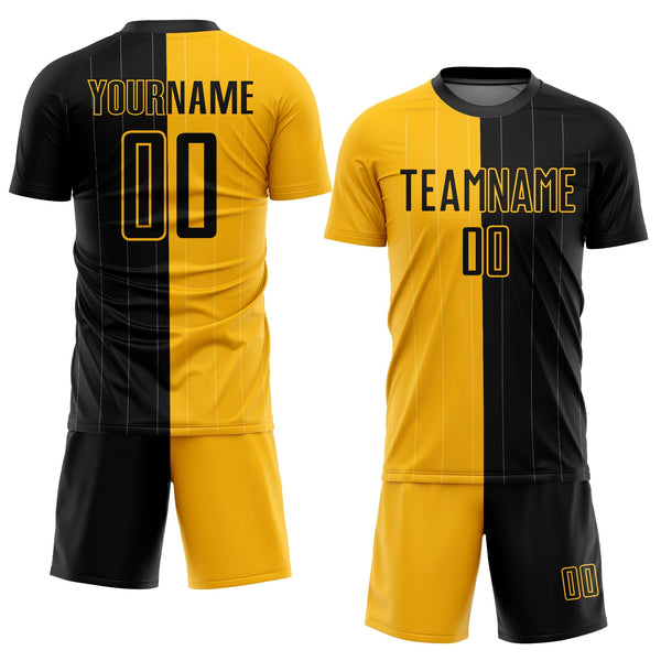 Custom Gold Black Pinstripe Split Fashion Sublimation Soccer Uniform Jersey alternate
