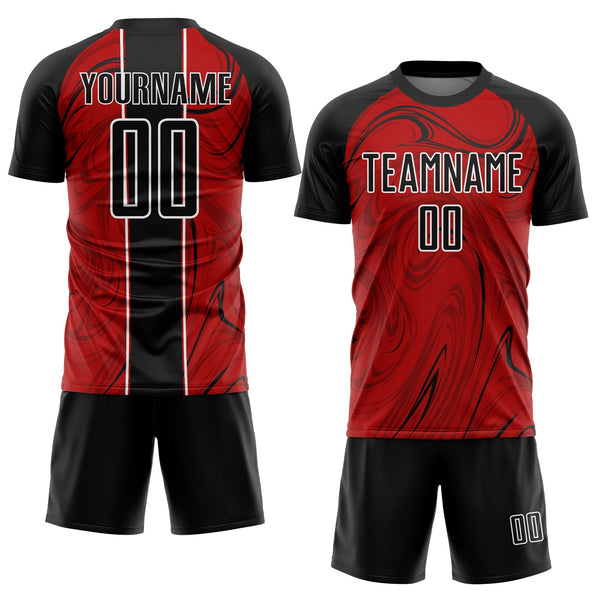 Custom Red Black-White Abstract Fluid Sublimation Soccer Uniform Jersey alternate