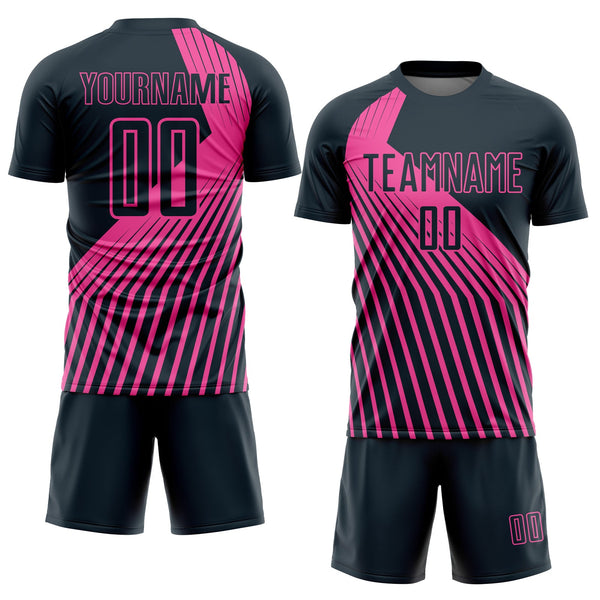 Custom Navy Pink Lines Sublimation Soccer Uniform Jersey alternate