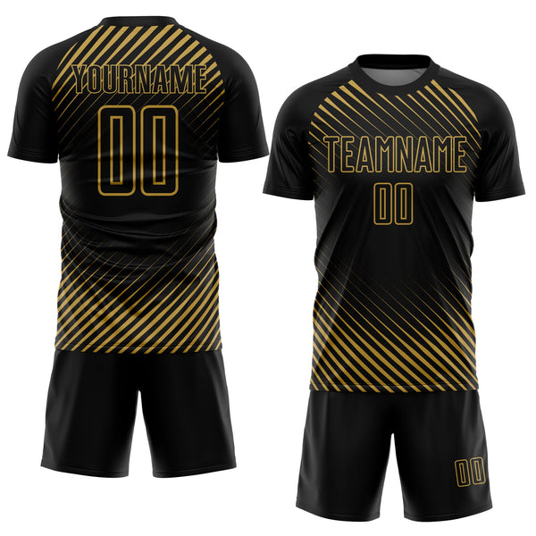 Custom Black Old Gold Diagonal Lines Sublimation Soccer Uniform Jersey alternate