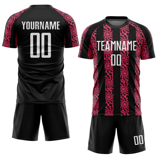 Custom Black White-Neon Pink Abstract Shape Sublimation Soccer Uniform Jersey alternate
