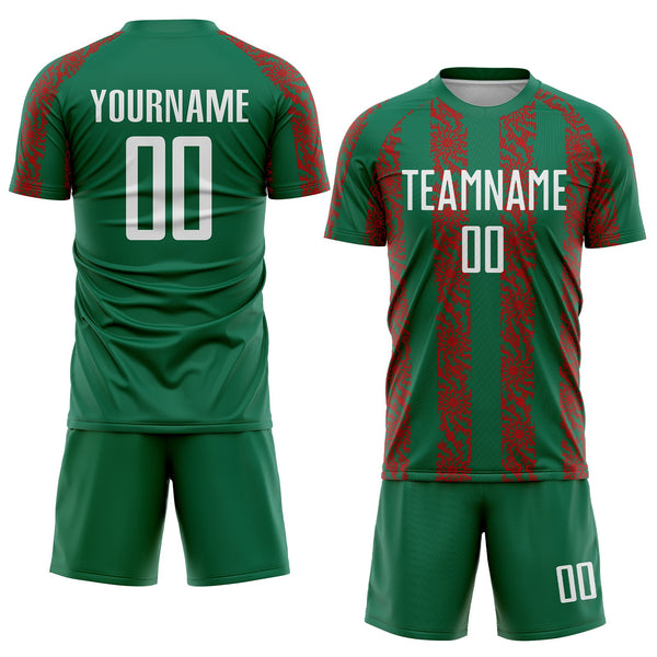 Custom Kelly Green White-Red Abstract Shape Sublimation Soccer Uniform Jersey alternate