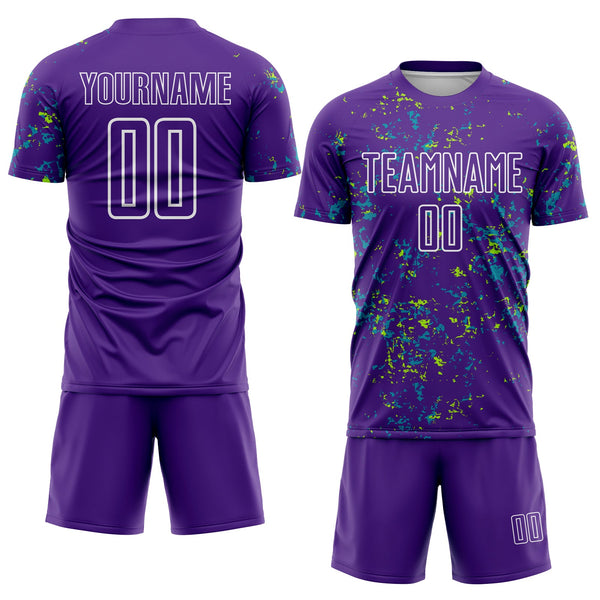 Custom Purple Neon Green-Teal Abstract Fragment Art Sublimation Soccer Uniform Jersey alternate