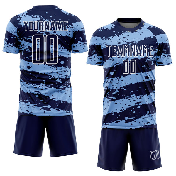 Custom Navy Light Blue-White Splash Sublimation Soccer Uniform Jersey alternate